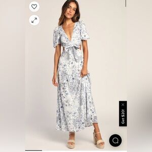 NWT Lulus Stroll the Avenues White Floral Print Tie-Front Maxi Dress, M